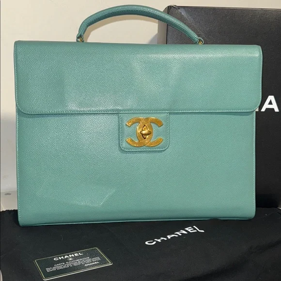 CHANEL Turquoise Seafoam green caviar leather classic briefcase Kelly top handle - Picture 3 of 16